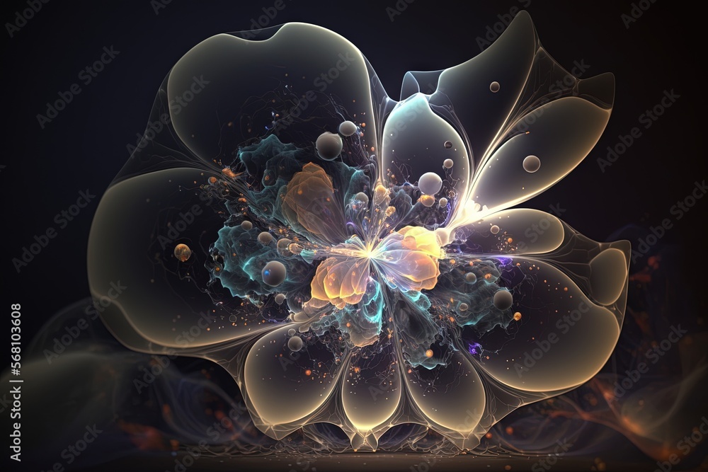 Poster a computer generated image of a flower with bubbles and bubbles in the middle of it, on a black back