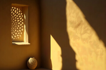 Bright room with a plastered wall, a shadow on the wall, a sunny day. AI