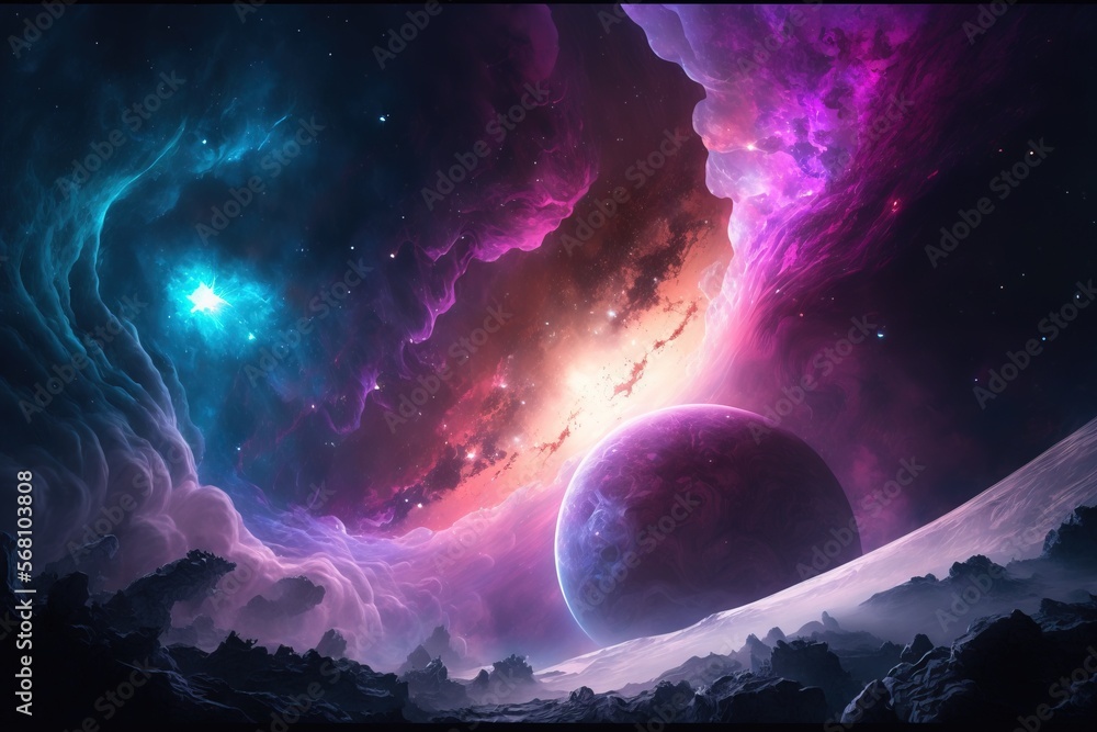 Poster a space scene with planets and stars in the sky and clouds in the foreground, and a distant star in 