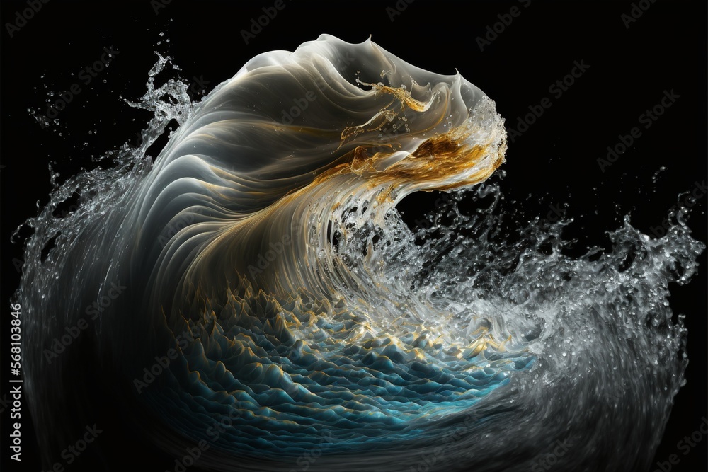 Poster a computer generated image of a wave in the ocean with a black background and a gold and blue swirl 