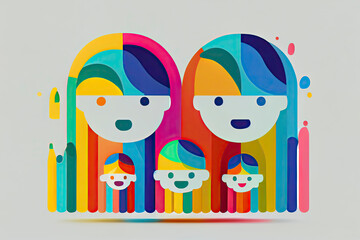 Happy family icon multicolored in simple figures. Three children, dad and mom stand together