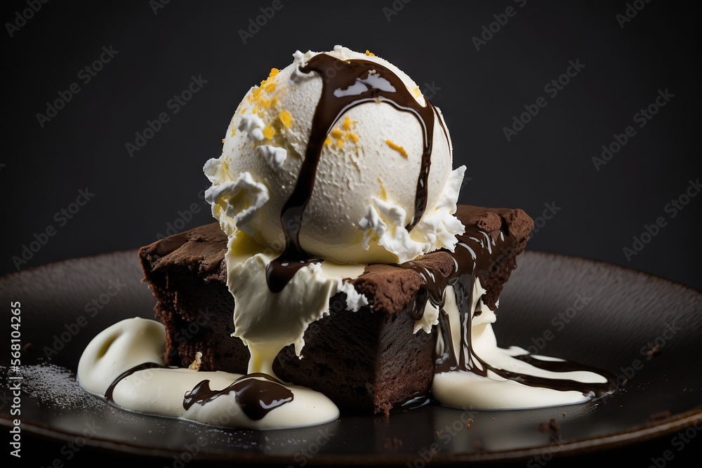 Poster a piece of cake with ice cream and chocolate sauce on a black plate with a drizzle of vanilla on top