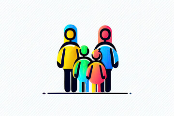 Happy family icon multicolored in simple figures. Three children, dad and mom stand together