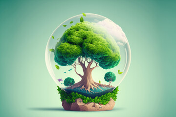 Growing tree and crystal globe of the earth in the s. Tree Day. Environment, the idea of preserving a clean earth. includes copy space, a banner for Earth Day. Generative AI