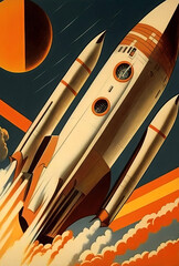 Space rocket blasting into outer space. Vintage science fiction poster. Generative ai