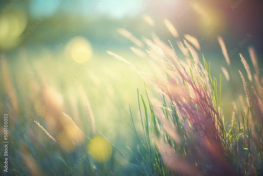 Poster a close up of some grass with the sun shining in the backround behind it and a blurry photo of the g
