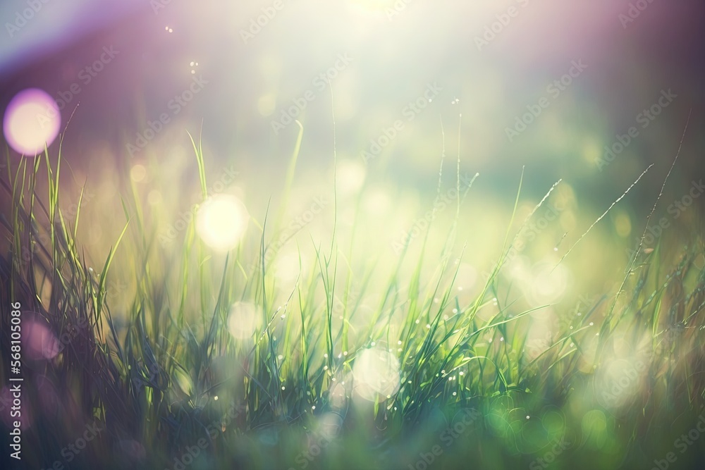 Poster a close up of a grass field with the sun shining through the grass and the grass is green and has li