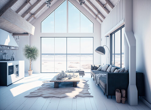 Beach house interior. Generative AI