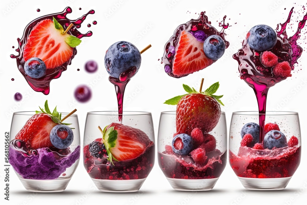 Poster a group of glasses filled with different types of fruit and berries being poured into them with a sp