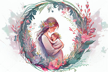 Mom and baby with floral frame. Hands of mother and child
