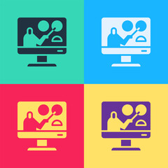 Pop art Online education and graduation icon isolated on color background. Online teacher on monitor. Webinar and video seminar learning. Vector Illustration