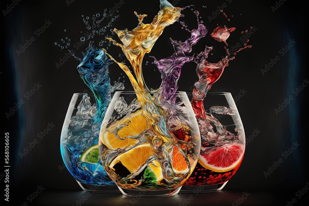 Poster a group of wine glasses filled with different colored liquids and fruit slices on a black background