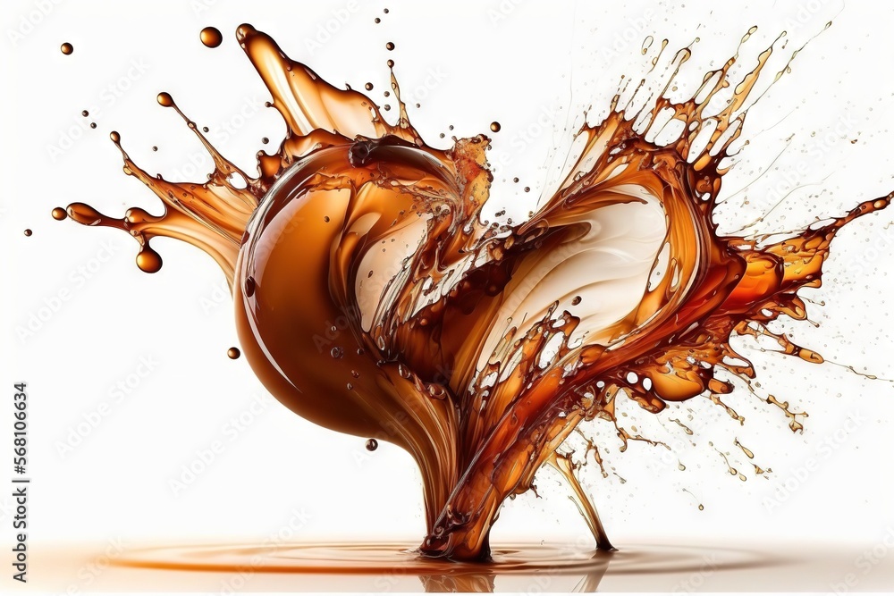 Poster a splash of chocolate and milk in the shape of a heart on a white background with a reflection of th