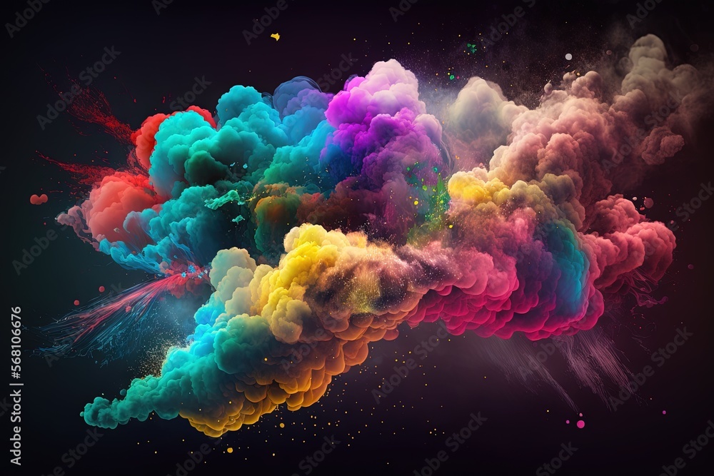 Poster a colorful cloud of smoke is floating in the air on a black background with a black background and a