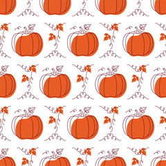 Seamless pattern with drawn pumpkin. Autumn background. Vector illustration. Good for textile design, wrapping paper, wallpaper.
