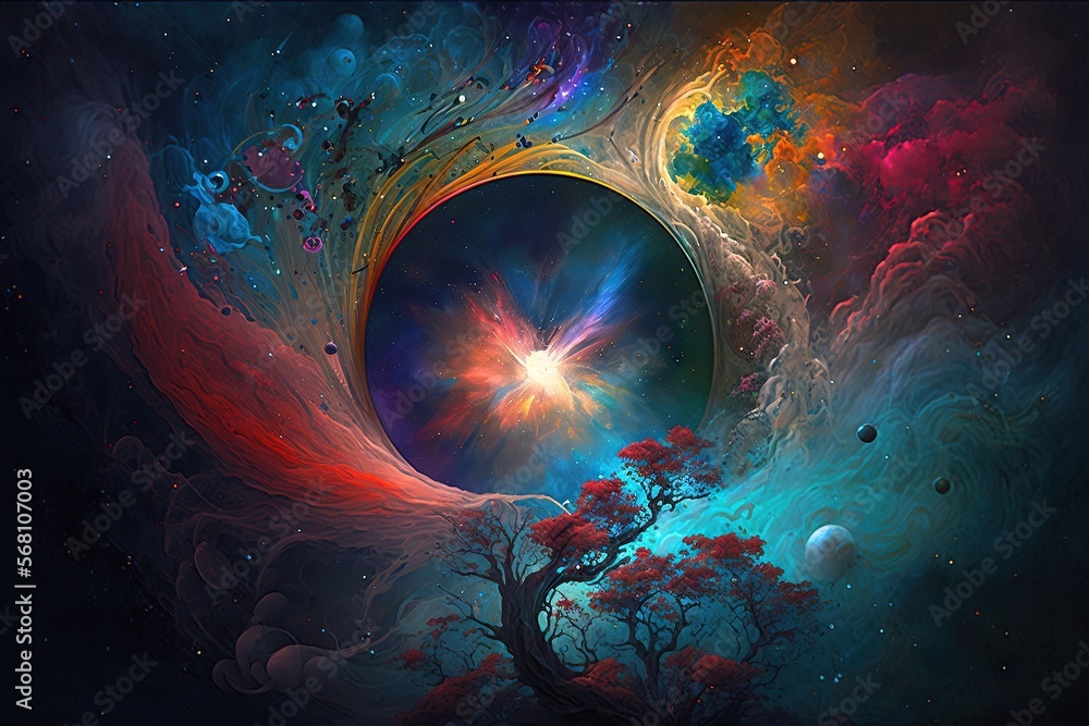 Poster a painting of a tree and a colorful swirl in the sky with a star in the center of the picture and a 