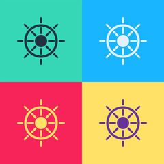 Obraz premium Pop art Ship steering wheel icon isolated on color background. Vector