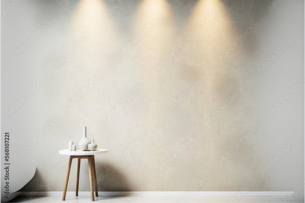 Poster a room with three spotlights on the wall and a table with two vases on the table in front of the wal