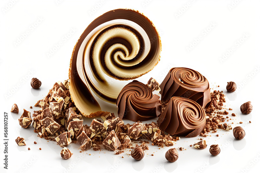 Aufkleber  a pile of chocolate and nuts on a white background with a swirl of chocolate on top of it and a pile of nuts on the ground.  generative ai