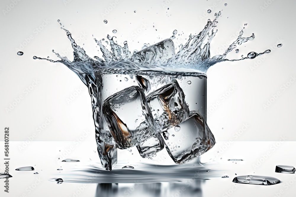 Poster an ice cube with water splashing on it and a few pieces of ice in the middle of the ice cubes on the