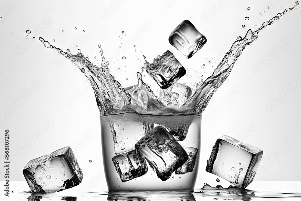 Poster a glass of water with ice cubes falling into the water and ice cubes falling into the water on a whi
