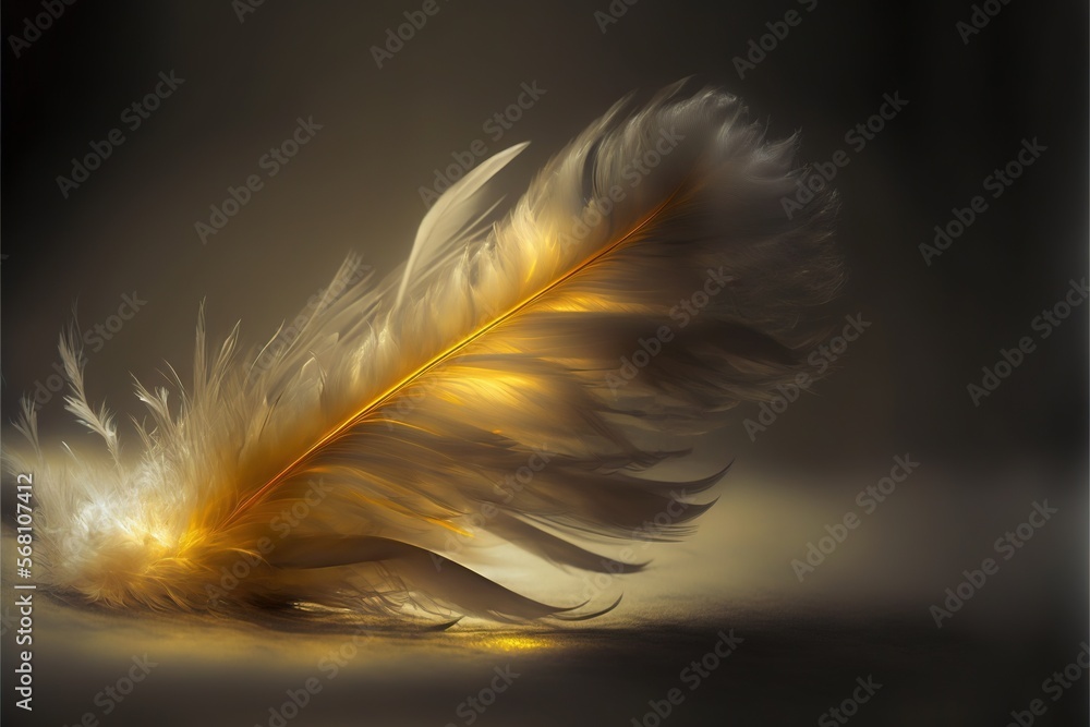 Poster  a white feather with yellow highlights on a black background with a yellow light in the middle of the feather and a black background with a yellow light in the middle.  generative ai