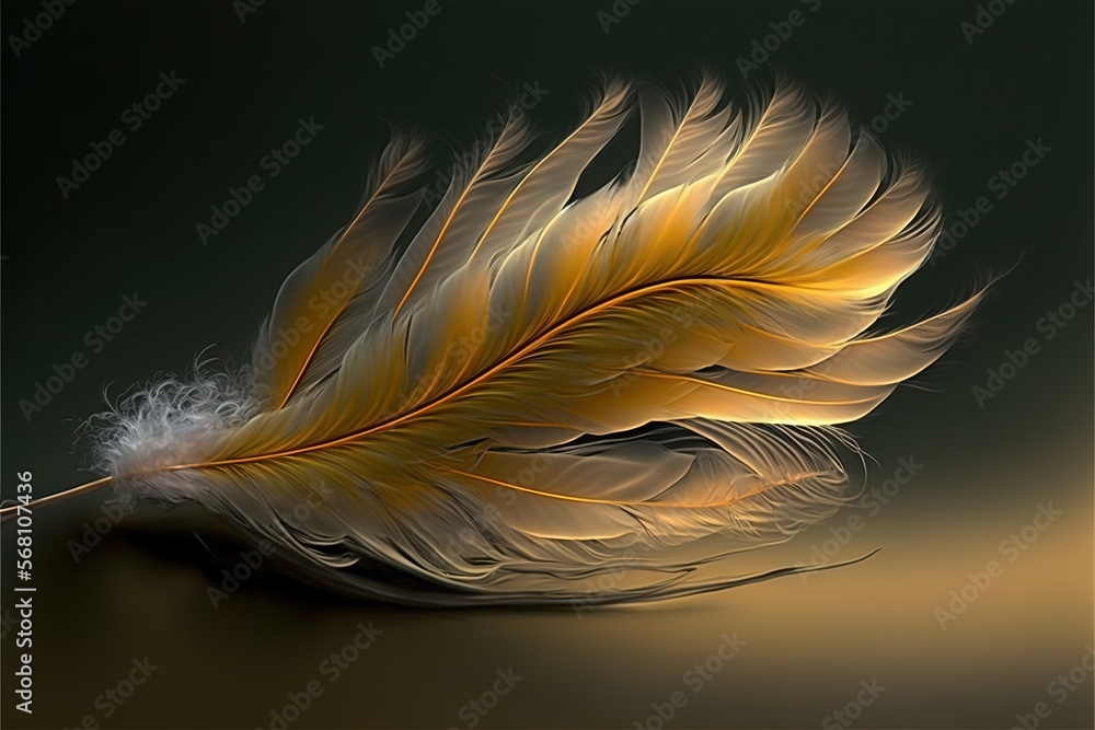 Poster a yellow feather resting on a black surface with a green background and a black background with a wh