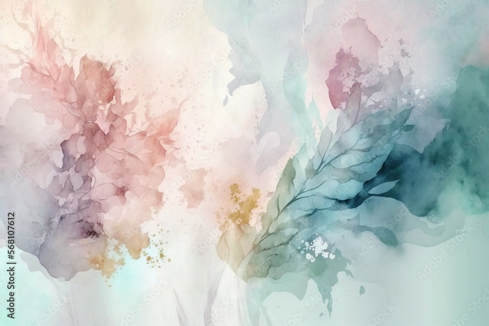 Poster a painting of leaves on a white and blue background with watercolors on the bottom and bottom of the