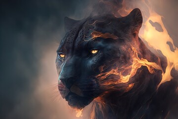  a close up of a black tiger with yellow eyes and a black body with orange and yellow flames on its face, with a dark background of smoke and fog.  generative ai - obrazy, fototapety, plakaty