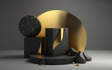 Black stone and golden background for beauty products with a podium and a pedestal for product photography. Ideal shapes to highlight the merits of your product or logo. Based on Generative AI