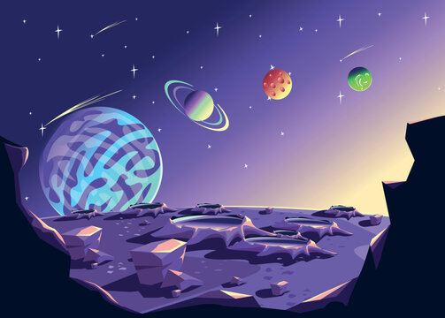 Space background with the image of multicolored planets in the starry sky in cartoon style and copy space for text. Space landscape. Vector illustration.