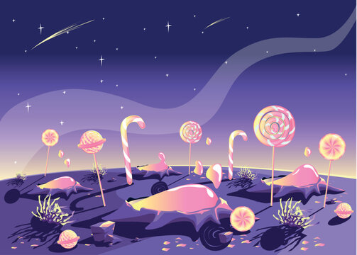Candy planet. Space background with the image of the planet's surface covered with craters and lollipops on the starry sky in cartoon style and copy space for text. Space landscape. Vector