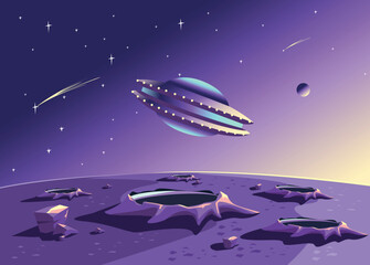 Horizontal vector illustration of a flying saucer on the background of a space landscape with a planet surface with craters and a starry sky in a cartoon style.