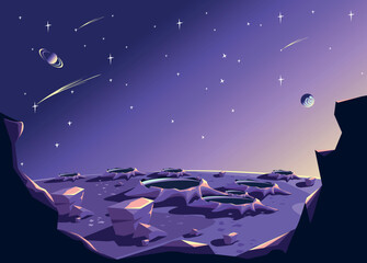 Space landscape depicting the surface of the planet in craters, starry sky and planets in cartoon style. Space horizontal vector illustration background.