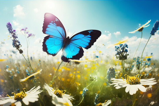 Butterfly on purple white violet red flowers in field of grass in sunlight, lens flare. Spring summer fresh artistic image of beauty morning nature. Selective soft focus.