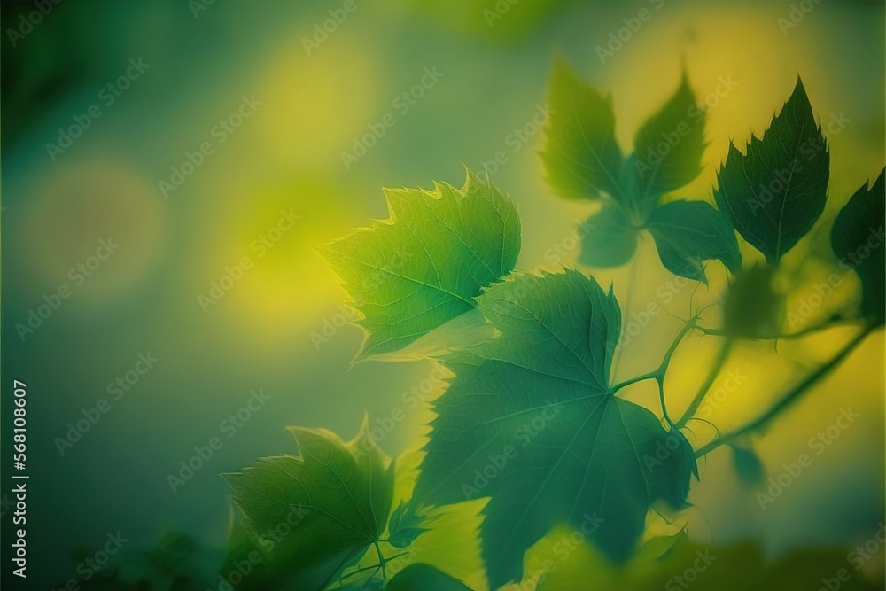 Poster a close up of a green leaf on a tree branch with a blurry background of the leaves in the foreground