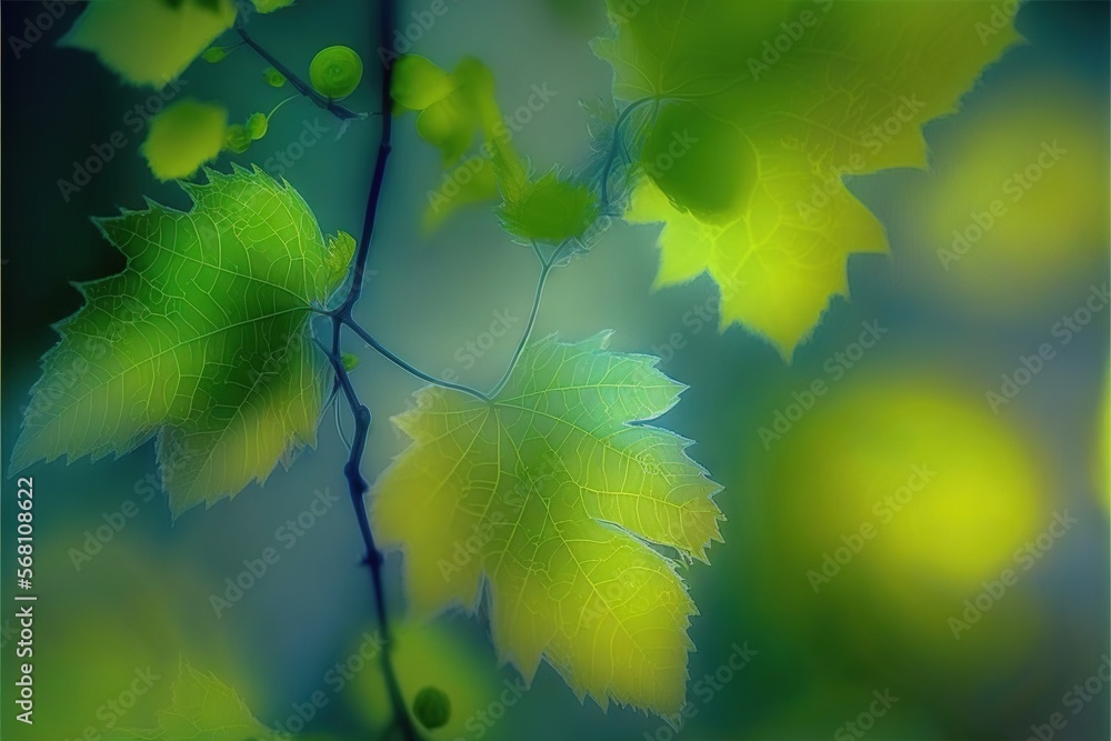 Poster a close up of a leaf on a tree branch with a blurry background of green and yellow leaves on the bra