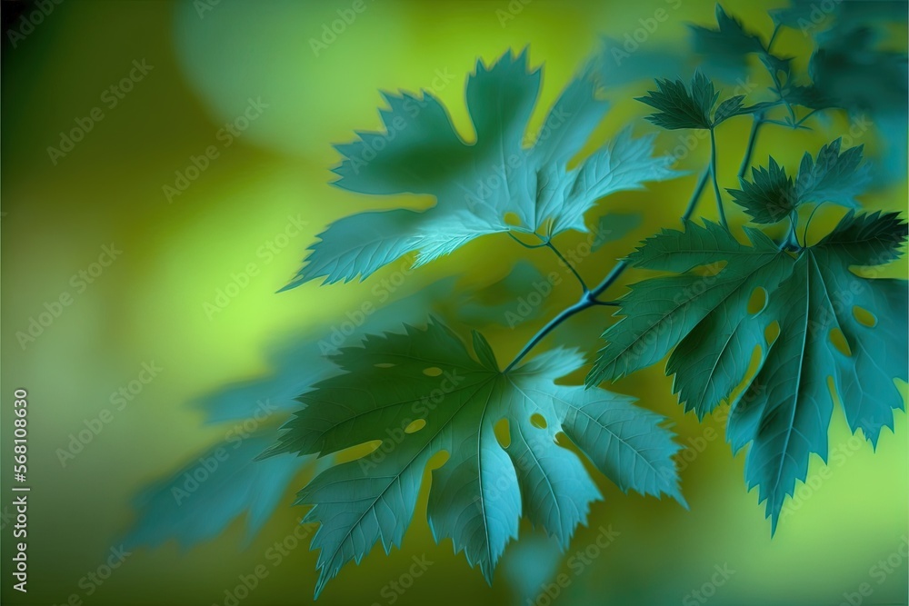 Poster a close up of a leaf on a tree branch with a blurry background of green and yellow leaves on the bra
