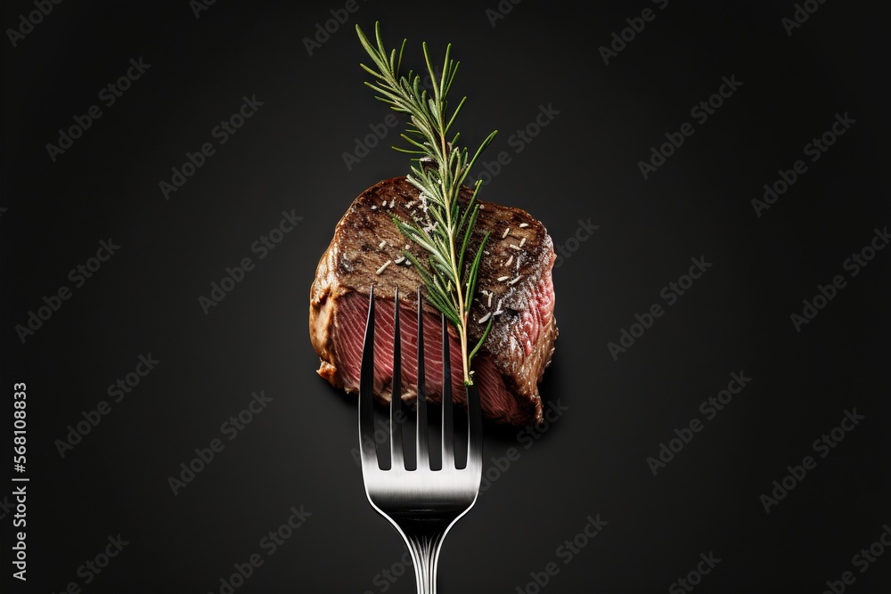 Poster a piece of steak on a fork with a sprig of rosemary on top of it on a black background with a black 