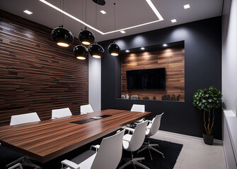 Modern conference room interior, wood. Generative AI