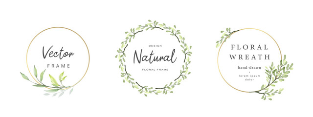 Floral frames. Elegant vintage wreath with watercolor leaves and golden line. Vector illustration for labels, corporate identity, wedding invitations © Feodora_21