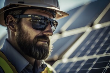 Bearded engineer checking solar panels in outdoors background. Selective focus. Generative AI illustration
