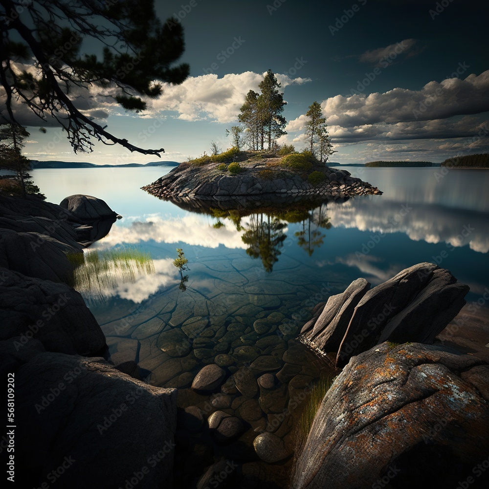 Poster a lake with rocks and a small island in the middle of the water with trees on the other side of the 