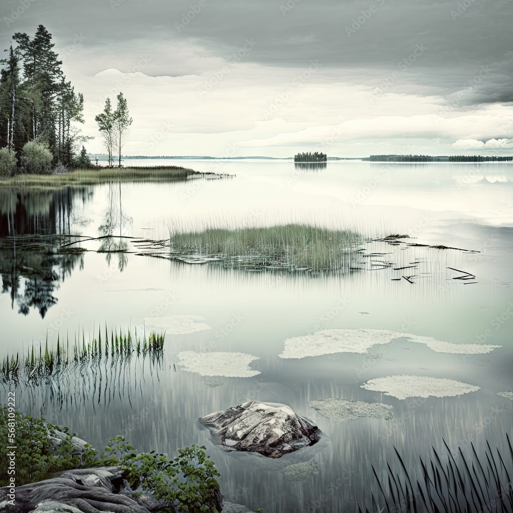 Poster a large body of water surrounded by trees and grass with a cloudy sky in the background and a small 
