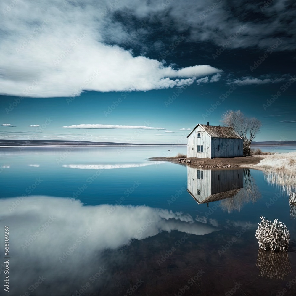 Poster a house on a small island in the middle of a lake with a cloudy sky above it and a few trees in the 