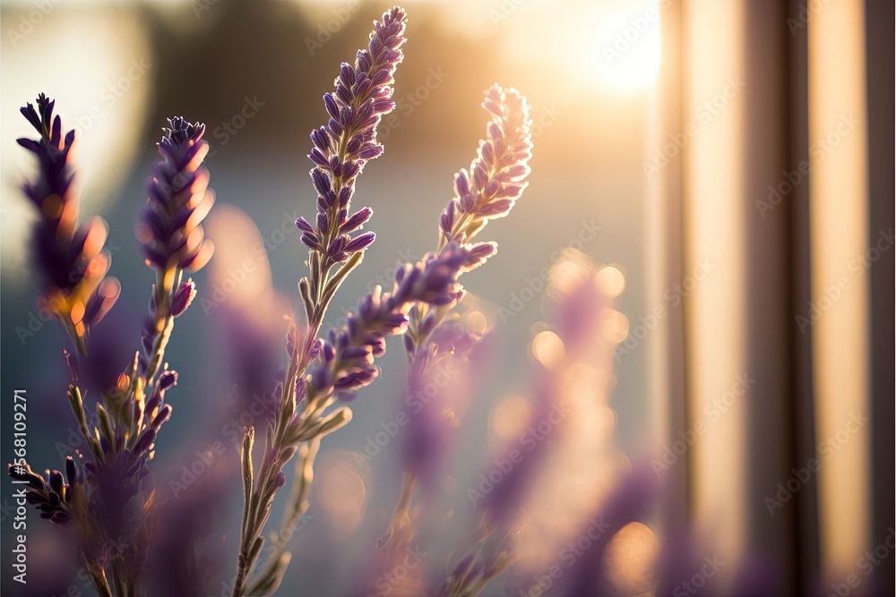 Poster a close up of a flower near a window with the sun shining through the window pane behind it and a bl