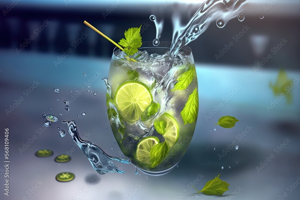 Poster a glass of lemonade with lime slices and water splashing around it and a straw sticking out of the t