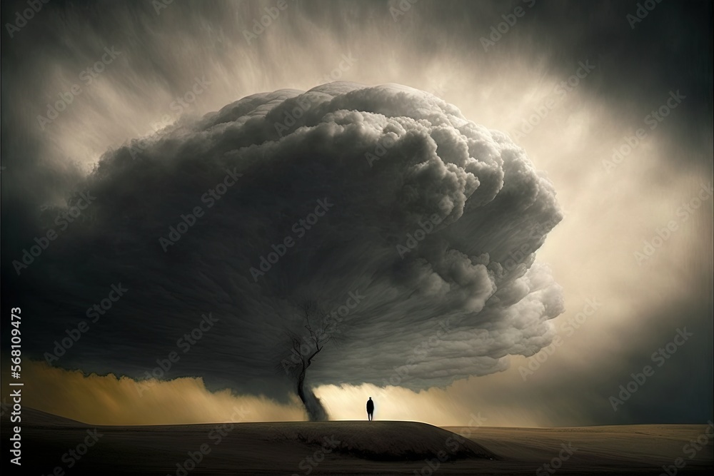 Poster a person standing under a large cloud in the middle of a field with a tree in the middle of the fiel