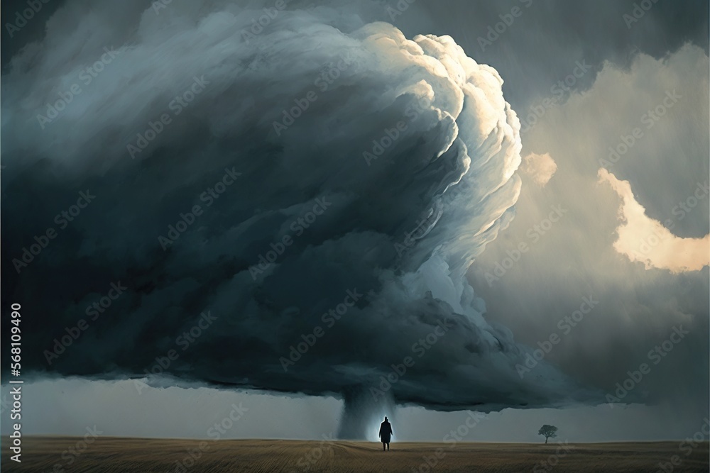 Poster  a man standing in a field under a large cloud of dark clouds over a lone tree and a lone tree in the foreground of the image.  generative ai