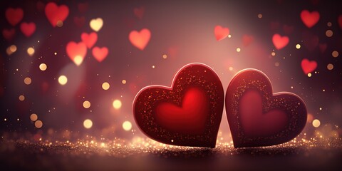 Red hearts over lighting bokeh background. Valentine's day banner concept. 3D rendering style. Generative AI illustration